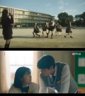 ▲NewJeans的《Ditto》的MV取景學校，跟《走進你的時間》的高中是同一所。（圖／Netflix Asia、HYBE LABELS YouTube）