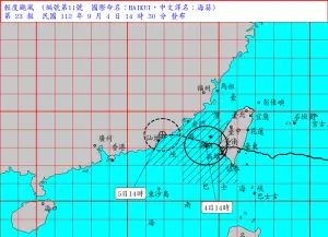 ▲海葵颱風歸去3小時正滯留打轉，強度略為減弱且暴風圈較縮小，預期未來會持續減弱。（圖／中央氣象局提供）