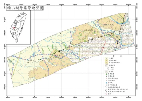 ▲梅山斷層在1906年誘發地震並產生地表破裂，斷層東段目前仍保留許多地形特徵。（圖／中央地質調查所）