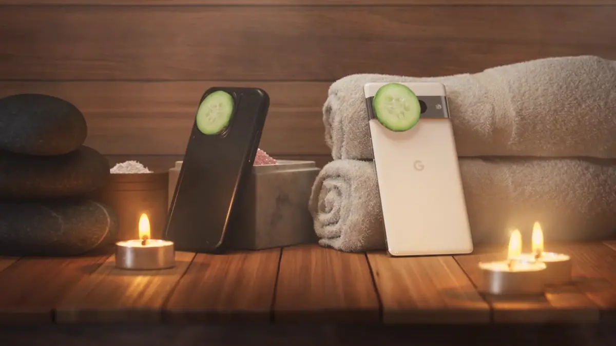 ▲Google推出名為「Best Phones Forever：Spa Day」的影片，影片中iPhone 和 Pixel手機和諧待在Spa裡，片尾反轉暗酸 iPhone「終於支援USB C充電」，酸味十足。（圖／翻攝影片）