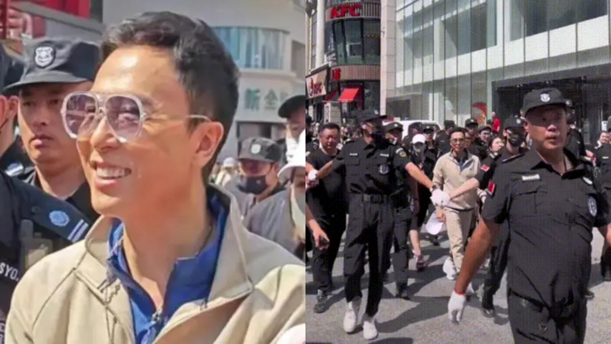 ▲甄子丹（左圖、右圖中）出席活動「保鑣開路」挨轟耍大牌，他晚間發聲道歉：「我也不喜歡。」（圖／翻攝自微博）