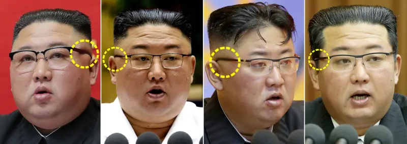 ▲北韓領導人金正恩的「替身」疑雲頻傳，在韓媒搜集的照片中可發現，同一年的金正恩在配戴眼鏡架時，鬆緊程度明顯有所差別。（圖／翻攝自朝中社）