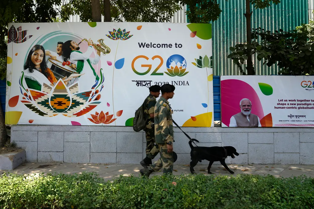 ▲美國媒體7日引述知情人士說法報導，G20已同意非洲聯盟加入成為正式永久成員。圖為新德里一處G20標誌。（圖／美聯社／達志影像）