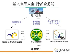 ▲食藥署說明食品在邊境的管理作法，由「財政部關務署」、「農業部防檢署」，以及「衛福部食藥署」把關不同項目。（圖／食藥署提供）