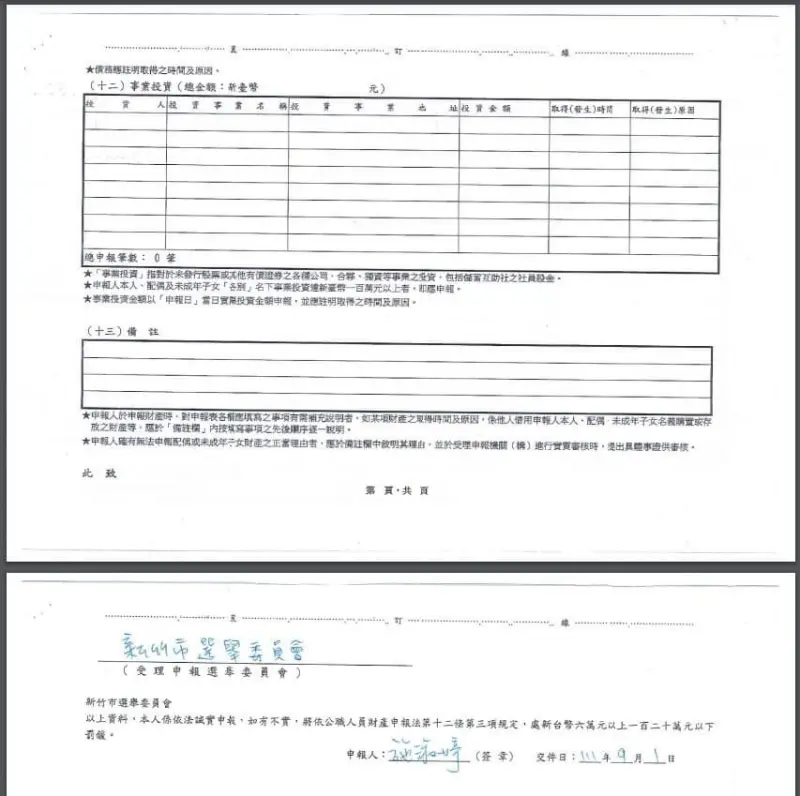 ▲施淑婷去年參選申報的財產,沒有事業投資,但她先生名下有三家公司。(圖/鄭孟洳提供)