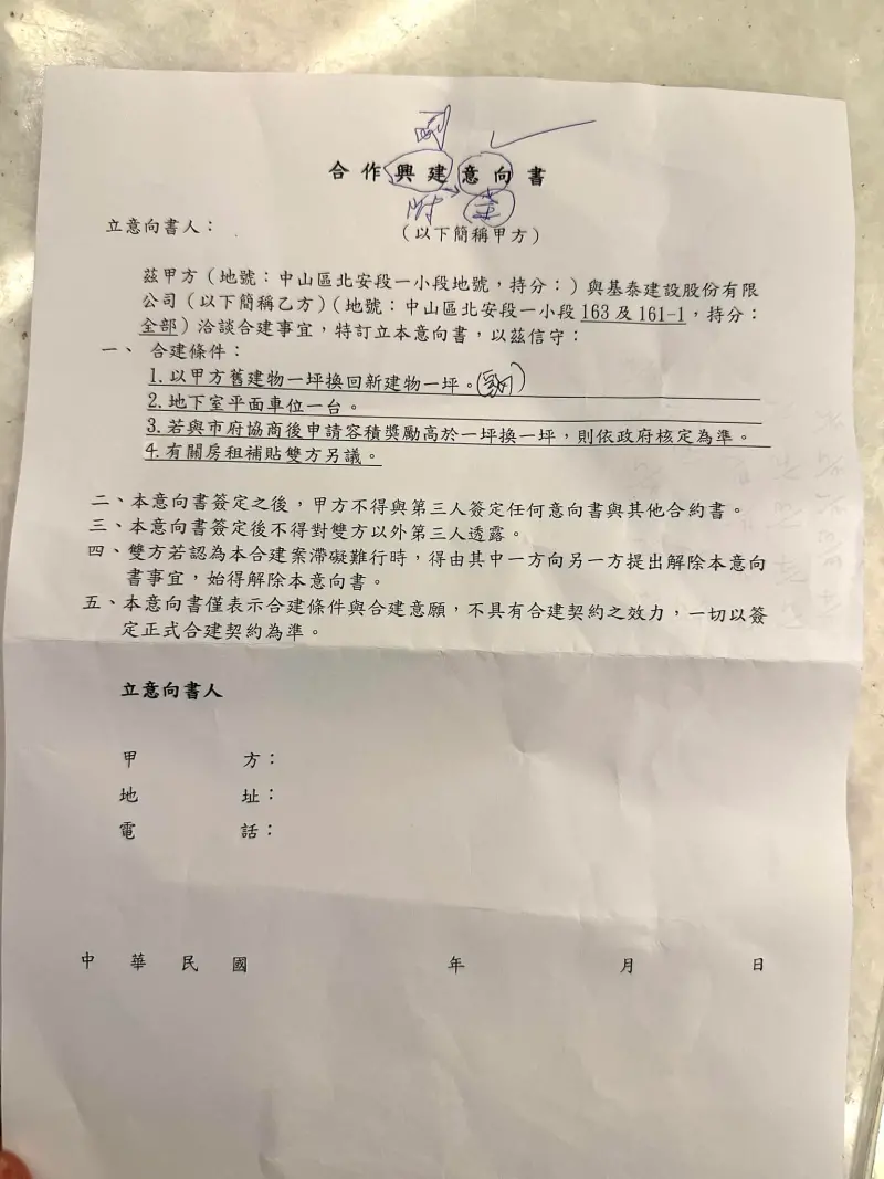 ▲基泰建設「合作興建意向書」。(圖/翻攝林珍羽臉書)