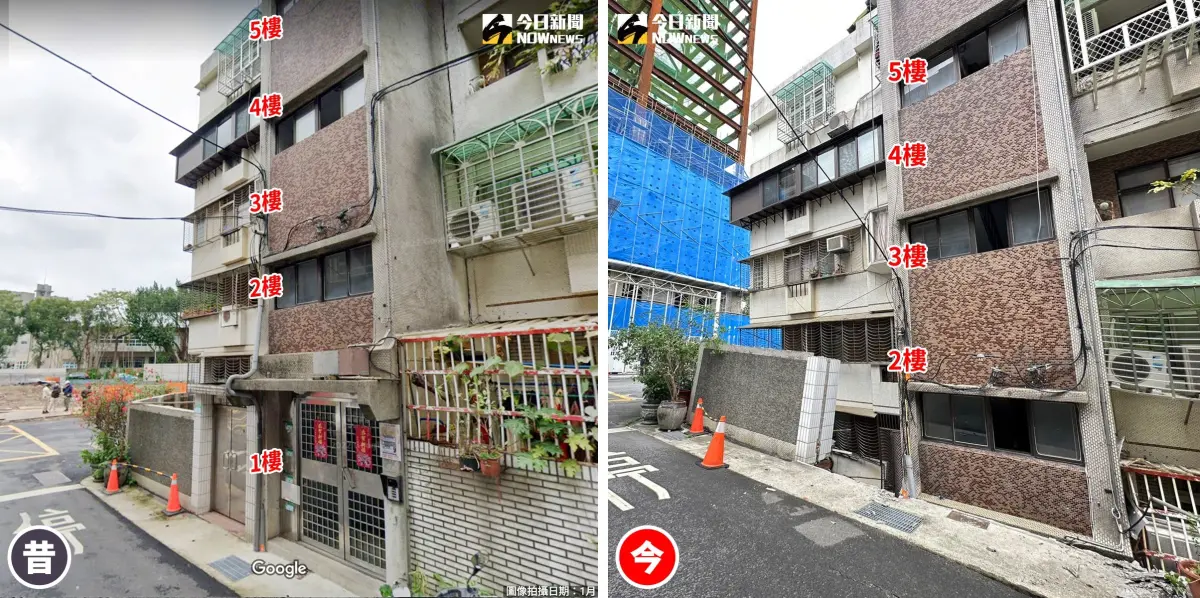 ▲基泰建設施工不當，導致大直民宅塌陷，2樓變1樓、1樓變不見，一圖對比看出多驚人。（圖／記者周淑萍攝、Google Maps；社群中心製）