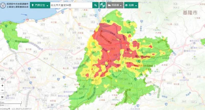 ▲台北市有65%土地位在中、高度土壤液化潛勢區，換算至少有80萬棟建物，想了解你家是否在列，可上土壤液化潛勢查詢系統網站查詢。（圖／土壤液化潛勢查詢系統）