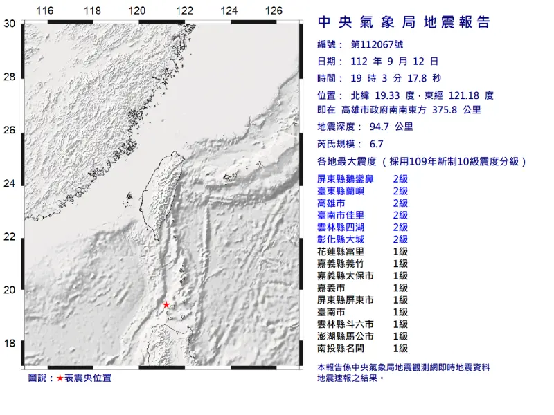 ▲中央氣象局地震測報中心資料，今天晚上7時03分發生芮氏規模6.7地震。（圖／中央氣象局）