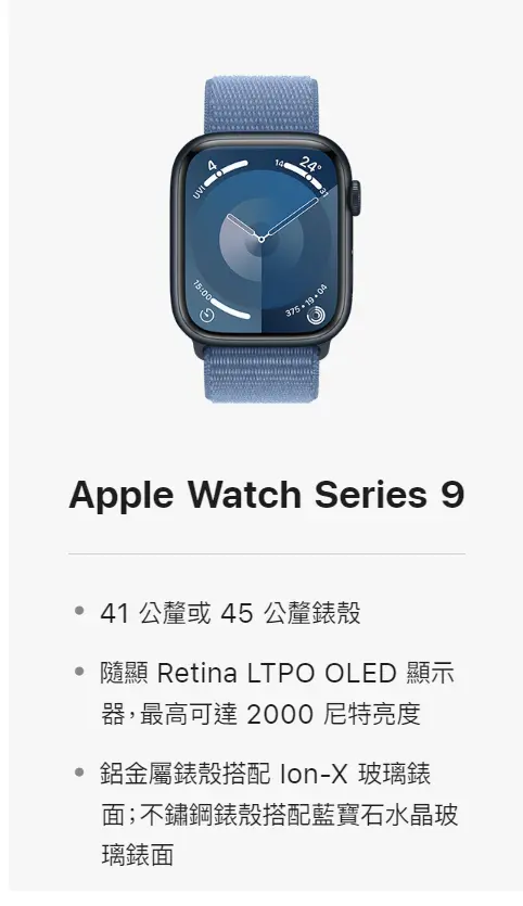 ▲據蘋果官網的數據規格顯示，全新 Apple Watch Series 9 採用41 公釐或 45 公釐錶殼，與前一代的Series 8大小規格完全相同，（圖／蘋果官網）