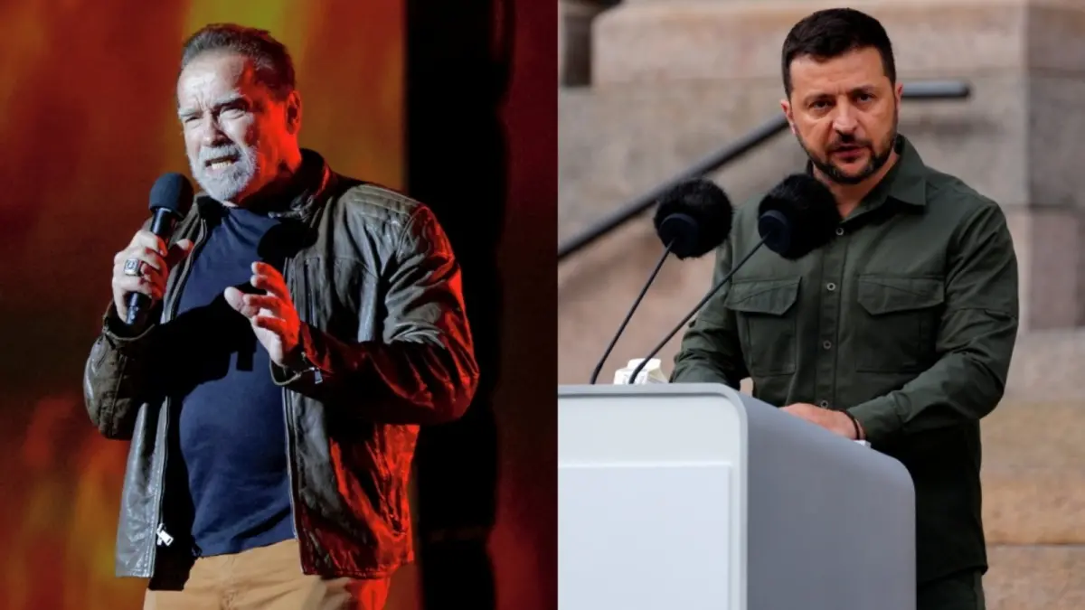 ▲國際上不乏演藝圈轉戰政壇的實例，烏克蘭總統澤倫斯基（右）、前加州州長阿諾史瓦辛格（左）都是。（圖／美聯社／達志影像）