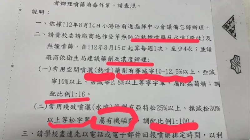 ▲高雄市議員鍾易仲接獲民眾爆料，指衛生局為壓下疫情，竟要求廠商將除蟲菊酯加水稀釋由1:500改為1：16。（圖／鍾易仲提供）