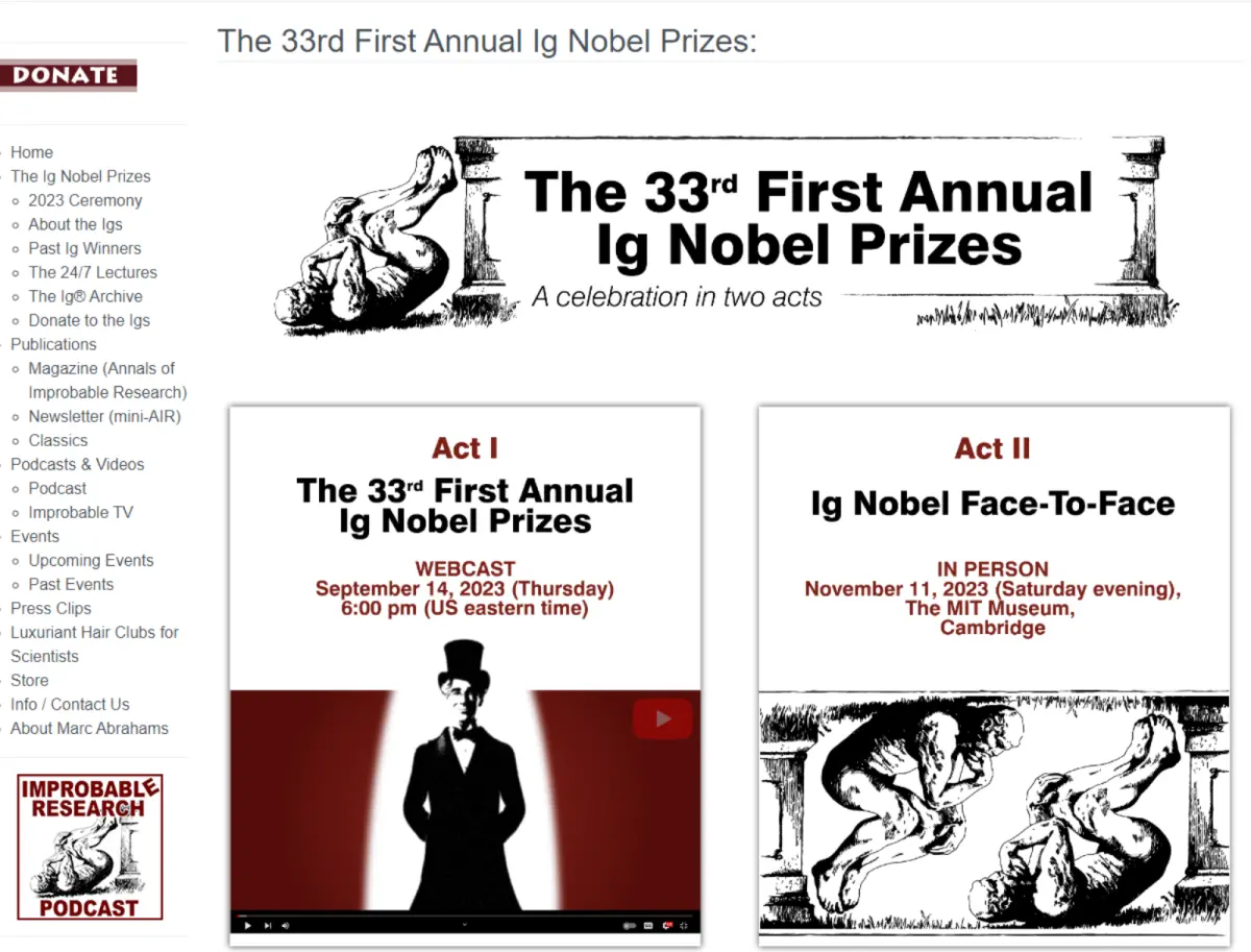 ▲第33屆「搞笑諾貝爾」得獎名單出爐。（圖／翻攝自Improbable Research官網）