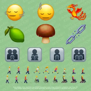 ▲Emoji 15.1已核准118個全新Emoji，包括搖頭、火鳳凰還有「斷開鎖練」，4個新的中性家庭表情符號組合。（圖／翻攝Emojipedia）
