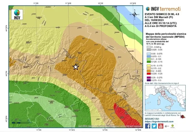 ▲義大利中部的佛羅倫斯附近發生規模4.8地震。（圖／截自INGV）