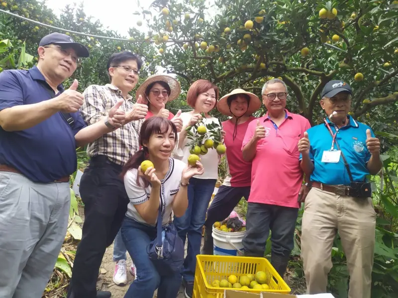 ▲大埔社區有許多天然資源可依季節推出食農課程及體驗，連勞動部長許銘春(右4)及雲嘉南分署長劉邦棟(左2)都慕名而來體驗採果樂趣。（圖／勞動部勞動力發展署雲嘉南分署提供）