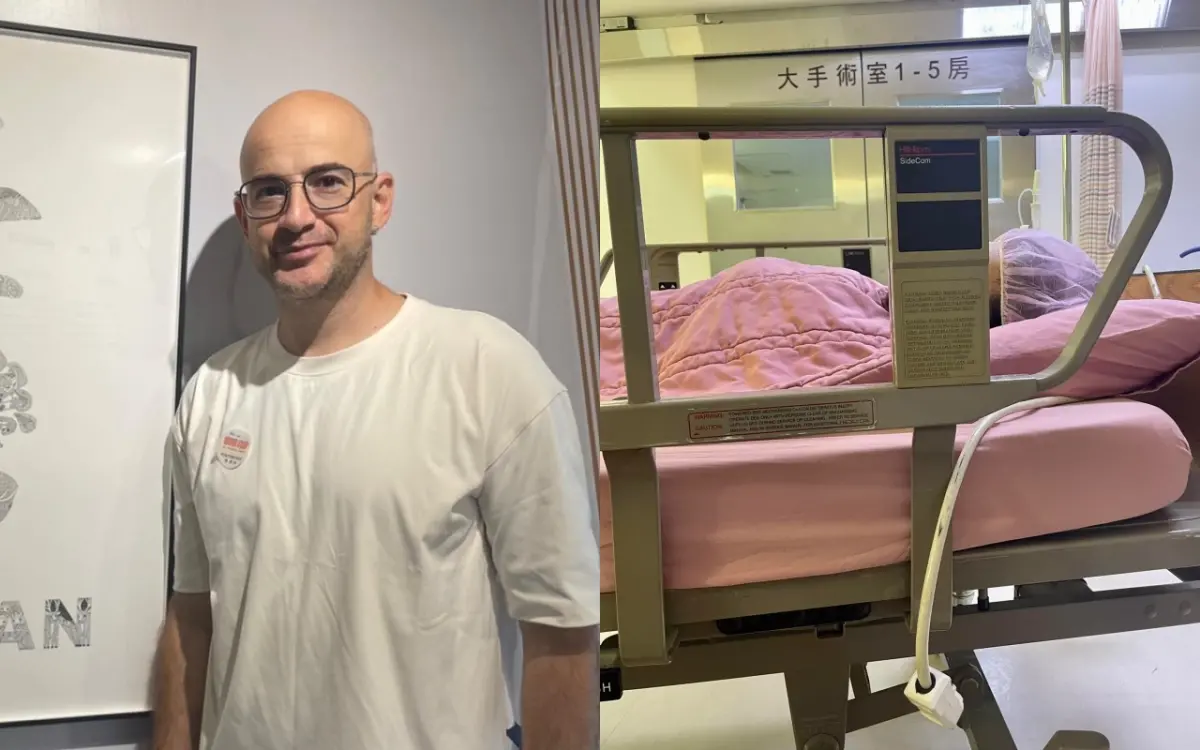 ▲吳鳳PO出病床照，並透露老婆順利動完子宮肌瘤手術，取出9公分大肌瘤，像女生手掌一樣大，讓他嚇到。（圖／翻攝自吳鳳臉書）