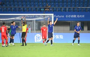 ▲杭州亞運中華男足代表隊睽違65年再奪勝，以1:0擊敗印尼隊。（中華奧會提供）