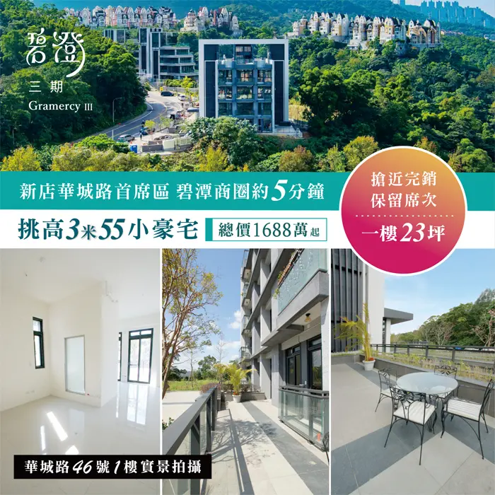 ▲碧澄三期主打周遭近65%綠覆蓋、挑高3米55小豪宅,5分鐘到捷運新店站,房價都破千萬。(圖/翻攝碧澄 三期 Gramercy臉書)
