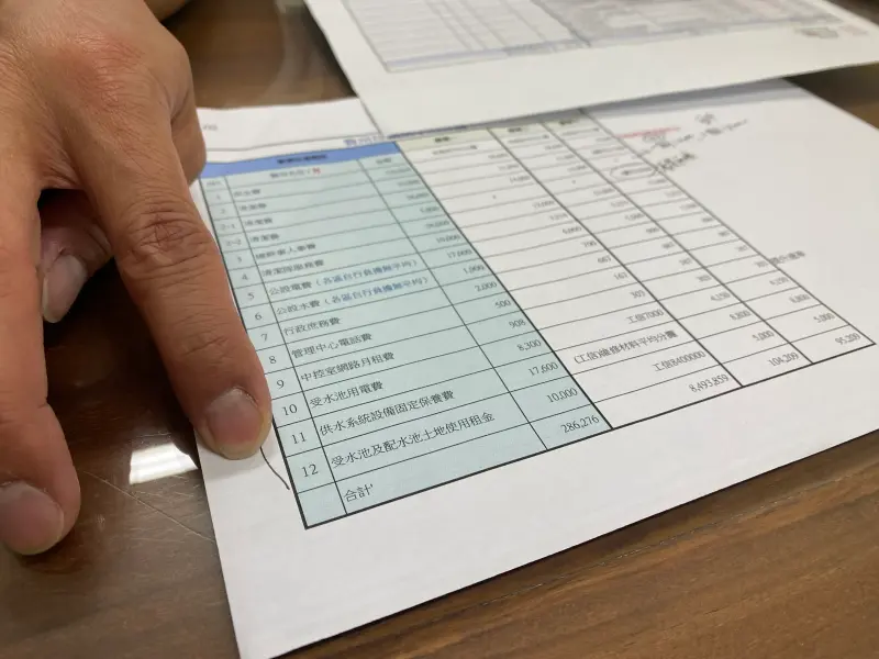 ▲碧澄三管委會財委魏一正指,最初建商向他們討每月要付受水池用電費、供水系統設備固定保養費及受水池及配水池土地使用租金,總計3萬多元。(圖/記者徐銘穗攝,2023.09.22)
