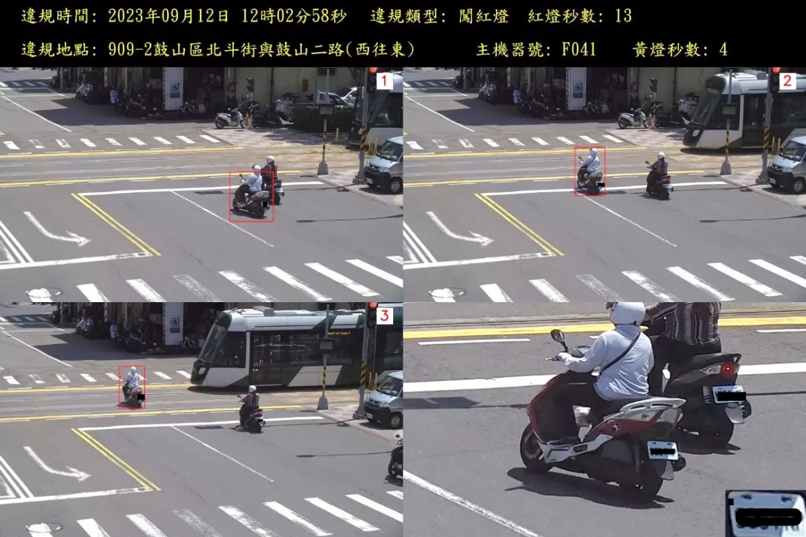 ▲交通大隊提醒駕駛人行經有燈光號誌管制之大眾捷運系統車輛共用通行交岔路口闖紅燈，除駕駛人面臨高額罰鍰、違規點數3點；另外還要面臨損壞輕軌車廂的巨額求償。（圖／高市府交通大隊提供）