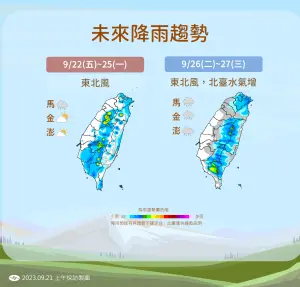 ▲中央氣象署預報指出，補班日一早出門上班時在基隆北海岸、大台北、東半部地區有降雨機會。（圖／中央氣象署）