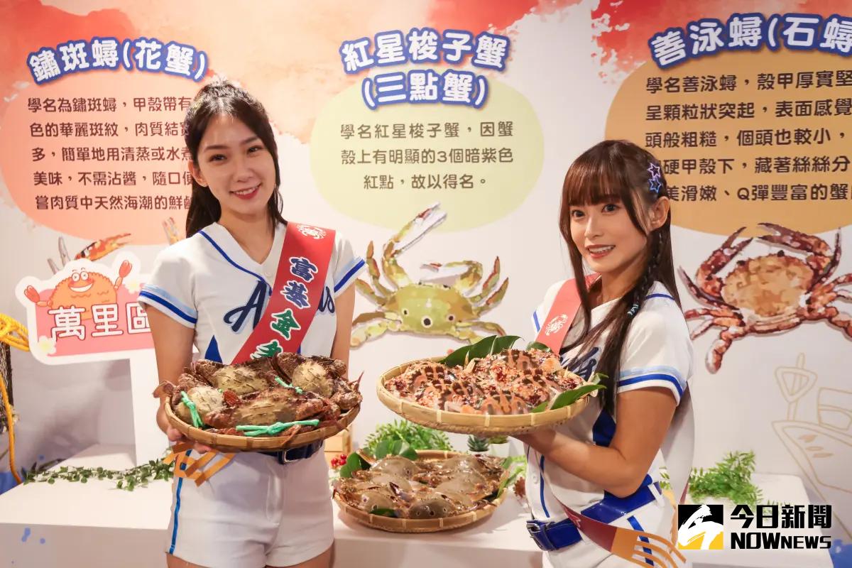 ▲富邦Angels人氣隊員檸檬及丹丹將擔任一日漁港店長，號召大家品嘗最新鮮的萬里蟹。（圖 ／記者吳嘉億攝，2023.09.25）