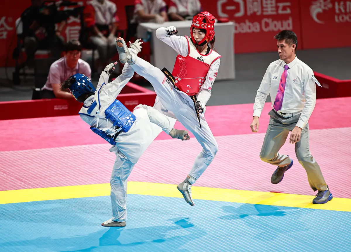 ▲台灣跆拳道女將林唯均順利闖進杭州亞運跆拳道女子53公斤級金牌戰。（圖／特派記者葉政勳攝）