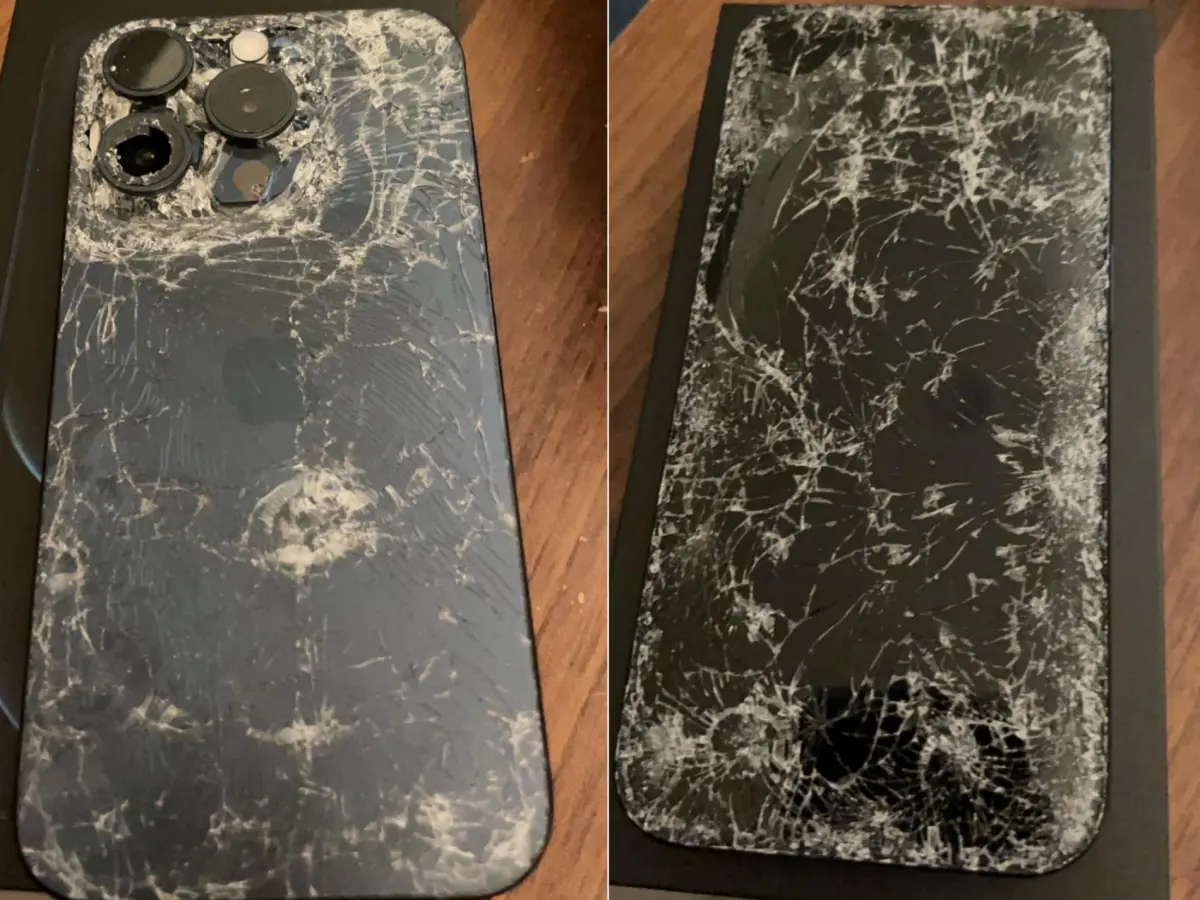 ▲Apple在iPhone 15 Pro系列上，使用鈦合金取代鋁合金，粉絲都以為鈦合金能更保護手機，未料苦主入手3天騎車摔機，整機100%碎透。（圖／翻攝爆廢公社公開版臉書）