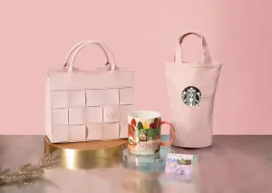 ▲歡慶花蓮理想門市開幕，星巴克推出一系列夢幻粉紅商品，包括馬克杯、提袋、隨行卡商品。（圖／台灣星巴克提供）