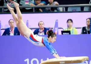 ▲台灣體操女將吳幸芬在亞運女子跳馬決賽，兩跳總和12.616分，以第五名作收，寫下個人最佳成績。（圖／特派記者葉政勳攝）