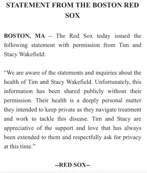 ▲波士頓紅襪球團對於Tim Wakefield罹癌資訊遭爆出，於29日發出聲明稿。