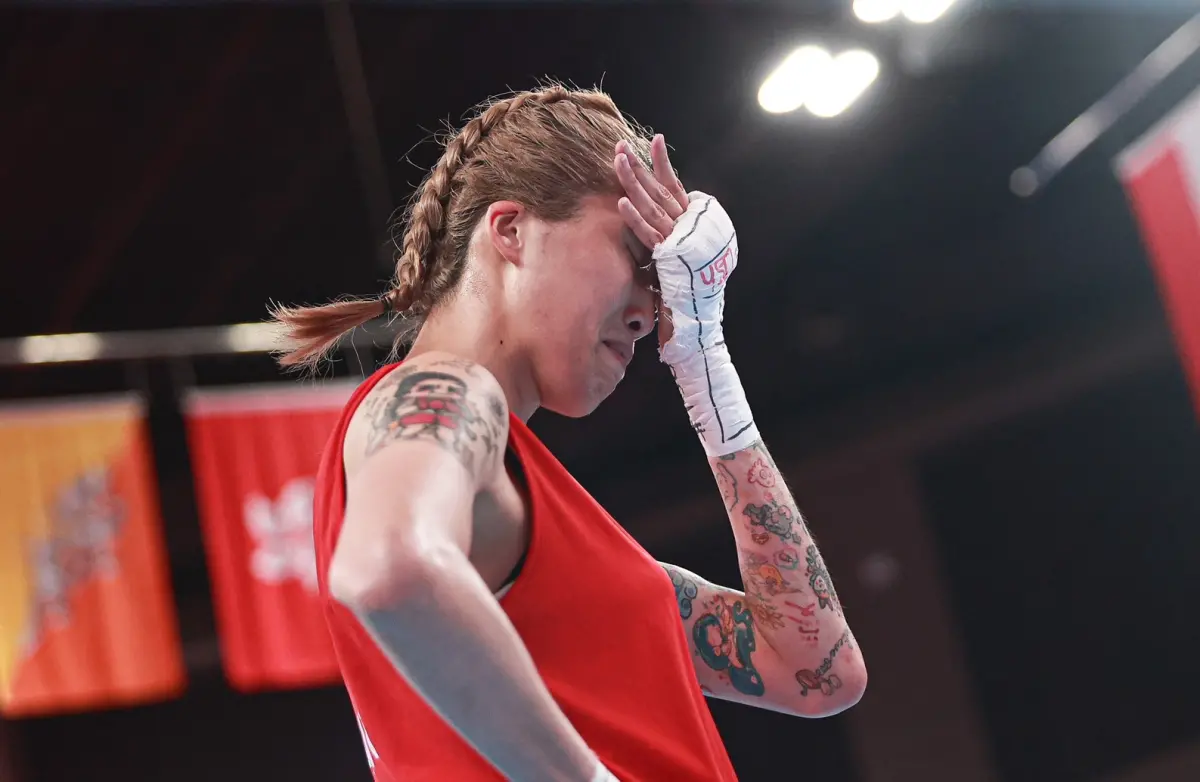 ▲杭州亞運女子拳擊54公斤級八強賽，黃筱雯0：5吞敗，提前在8強止步。（圖／特派記者葉政勳攝）