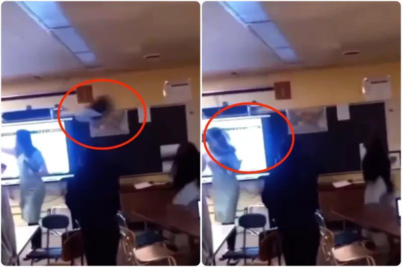 ▲美國密西根州一所高中，兩位學生在教室吵架時，其中一人仍出椅子砸中想要勸架的老師，讓老師當場倒地不起。（圖／翻攝自@AlertaMundial2的X）