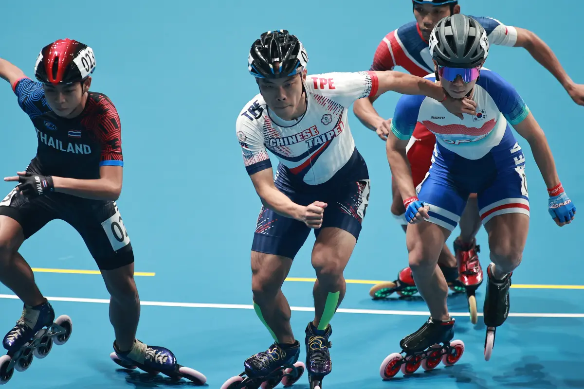 ▲杭州亞運男子速度輪滑場地賽1000公尺爭先賽，台灣選手趙祖政奪下銅牌。（圖／特派記者葉政勳攝）