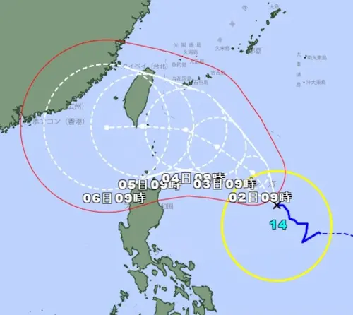 ▲日本氣象廳預估「小犬」將變成「強烈颱風」，暴風圈有可能橫掃南台灣。（圖／翻攝自日本氣象廳）