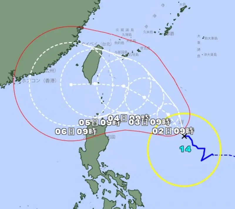 ▲日本氣象廳預估「小犬」將變成「強烈颱風」,暴風圈有可能橫掃南台灣。(圖/翻攝自日本氣象廳)