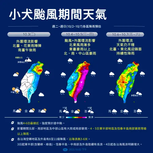 ▲小犬颱風週三至週四最靠近台灣，整個東半部、恆春半島、大台北都是降雨熱區。（圖／中央氣象署提供）