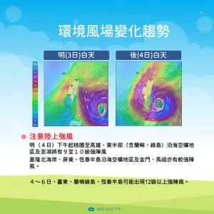 ▲週三、週四小犬颱風影響最為明顯，各地沿海空曠地區將有9至11級以上強陣風。（圖／中央氣象署提供）
