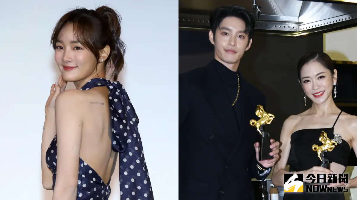 ▲王淨（左圖）超旺夫，牽線男友曹佑寧（右圖左）搭楊千霈主持第60屆金馬獎紅毯，曹佑寧遭虧拿王淨入圍禮品床墊一起躺。（圖／記者陳明中、林調遜攝影） 