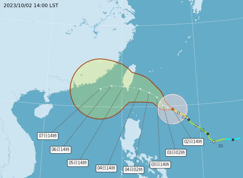▲小犬颱風（國際命名：KOINU）強度已經增至中度颱風，路徑則持續朝台灣逼近，氣象署也預估在今（2）日深夜11時30分發布海上警報。（圖／中央氣象署）