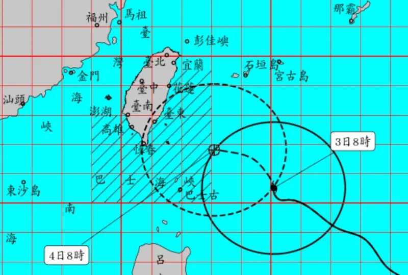 ▲小犬颱風目前持續在台灣東方海面發展，預計路徑將會往西移動登陸東台灣後，進入巴士海峽遠離。（圖／翻攝中央氣象署官網）