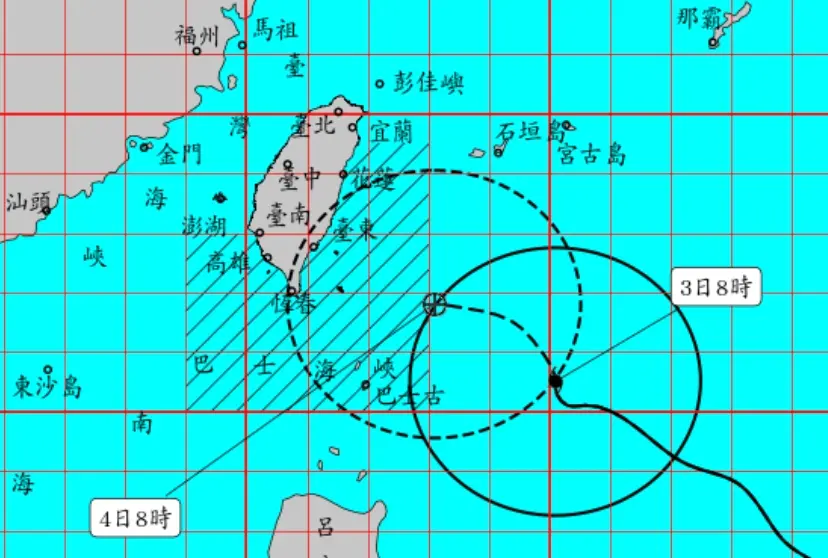 ▲小犬颱風目前持續在台灣東方海面發展，預計路徑將會往西移動登陸東台灣後，進入巴士海峽遠離。（圖／翻攝中央氣象署官網）