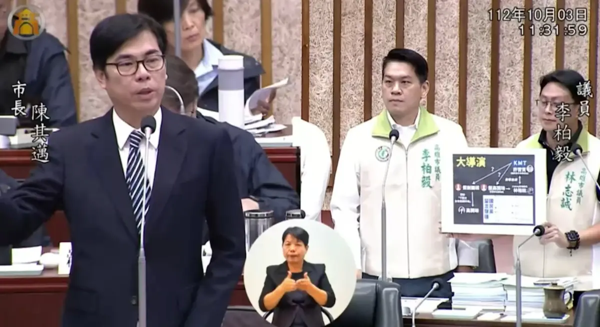 ▲高雄左楠區立委候選人李柏毅今（3）日在議會質詢時，列出Lin bay好油自導自演戲碼的時間軸序，也點出觀光局長高閔琳受假帳號的死亡威脅，高雄市長陳其邁強調，這是實質的犯罪行為，一定會徹查到底。（圖／翻攝自高雄市議會直播）