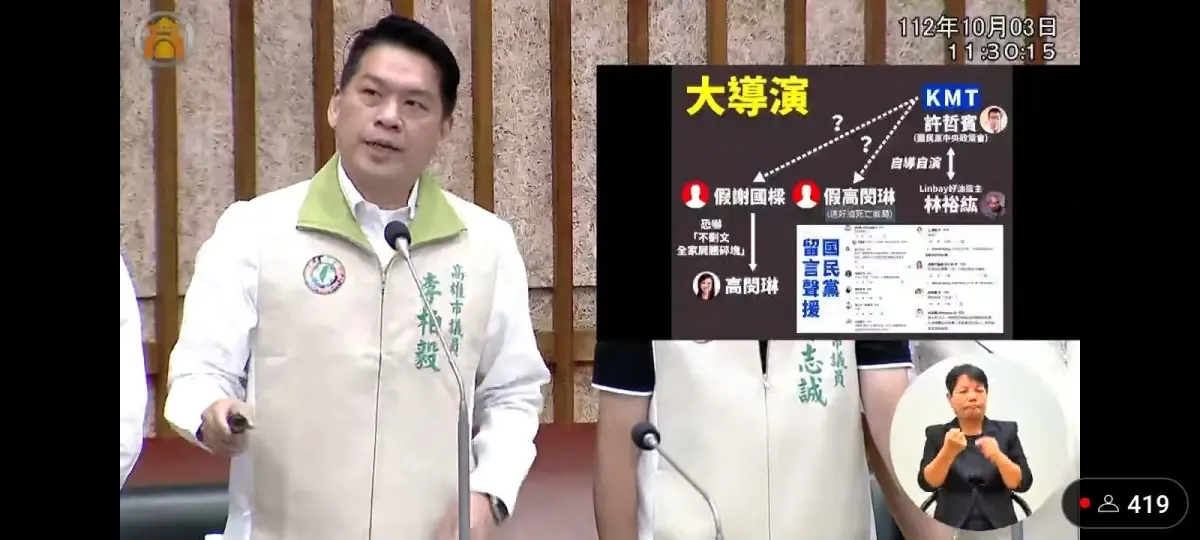 ▲高雄立委參選人李柏毅在議會質詢清楚明列LinBay好油自導自演戲碼的時間軸序，他呼籲檢調單位能積極介入查出幕後是否有藏鏡人。（圖／左楠區立委參選人李柏毅辦公室提供）
