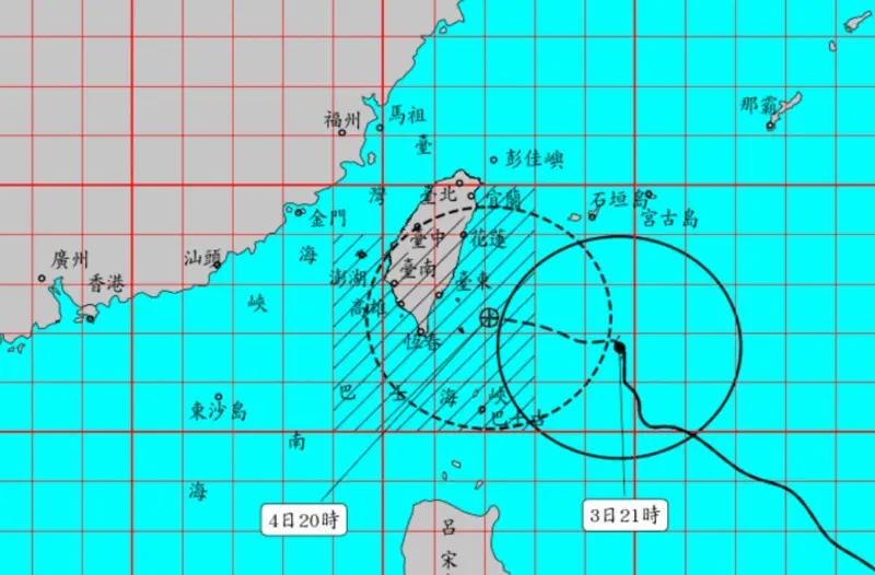 ▲小犬颱風最新路徑，北台灣受到外圍環流影響已經開始出現降雨，時間越晚東半部、南部風雨越強。（圖/中央氣象署）