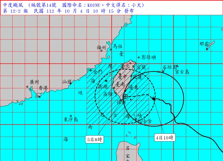 ▲小犬颱風今（4）上午10時的中心位置在北緯 22.1 度，東經 123.4 度，即在鵝鑾鼻的東方約 260 公里之海面上。（圖／氣象署提供）