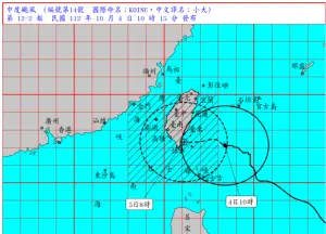 ▲小犬颱風今（4日）10時的中心位置在北緯 22.1 度，東經 123.4 度，即在鵝鑾鼻的東方約 260 公里之海面上。（圖／中央氣象署）
