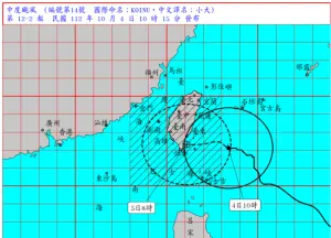 ▲小犬颱風今(4日)10時的中心位置在北緯 22.1 度,東經 123.4 度,即在鵝鑾鼻的東方約 260 公里之海面上。(圖/中央氣象署) ▲小犬颱風今(4日)10時的中心位置在北緯 22.1 度,東經 123.4 度,即在鵝鑾鼻的東方約 260 公里之海面上。(圖/中央氣象署)