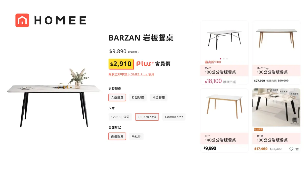 ▲HOMEE Plus會員直購價的岩板餐桌為市面上約 2 折。（圖／品牌提供）